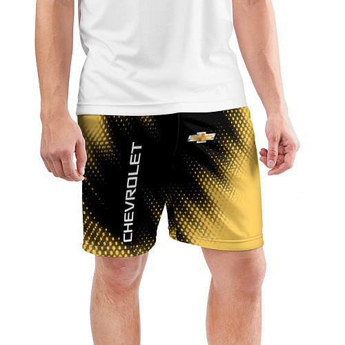 Мужские спортивные шорты Символ и надпись CHEVROLET на фоне с Halftone эффе / 3D-принт – фото 3