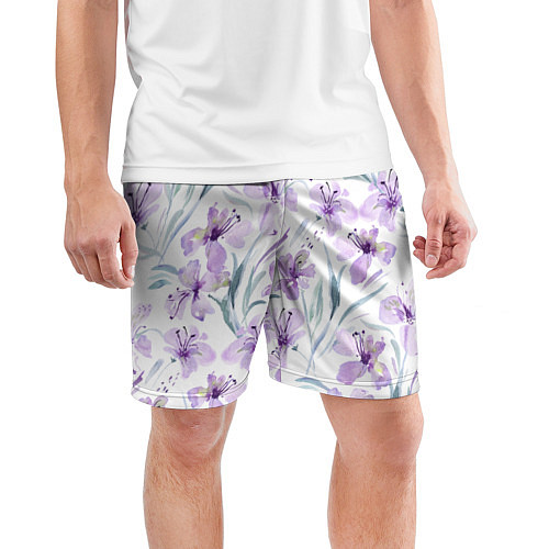 Мужские спортивные шорты Цветы Фиолетовые Нарисованные Акварелью / 3D-принт – фото 3