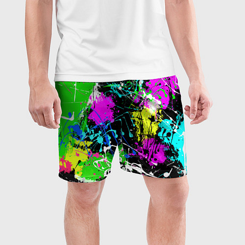 Мужские спортивные шорты Разноцветные пятна краски на черном фоне / 3D-принт – фото 3
