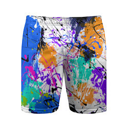 Шорты спортивные мужские Брызги и мазки разноцветных красок на белом фоне, цвет: 3D-принт
