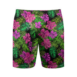 Мужские спортивные шорты Тропические листья и цветы на черном фоне