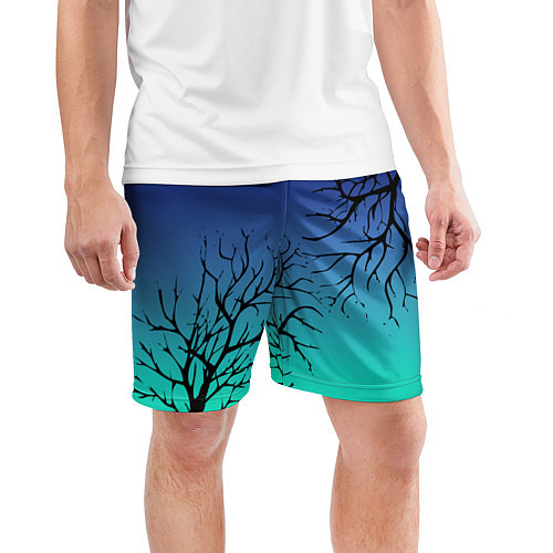 Мужские спортивные шорты Черные абстрактные ветки деревьев на сине-зеленом / 3D-принт – фото 3