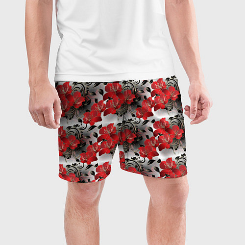Мужские спортивные шорты Красные абстрактные цветы / 3D-принт – фото 3