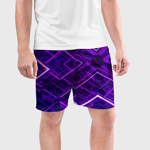 Мужские спортивные шорты Неоновые ромбы в абстракции - Фиолетовый / 3D-принт – фото 3