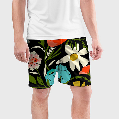 Мужские спортивные шорты Яркие цветы на фоне тёмной летней ночи / 3D-принт – фото 3