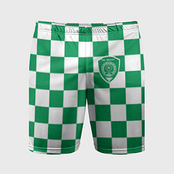 Шорты спортивные мужские ФК Ахмат на фоне бело зеленой формы в квадрат, цвет: 3D-принт