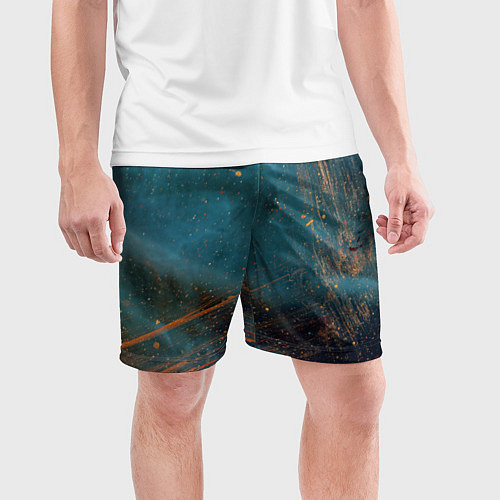 Мужские спортивные шорты Абстрактная тёмно-синяя краска с оранжевыми мазкам / 3D-принт – фото 3
