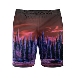 Мужские спортивные шорты Абстрактный фиолетовый лес и тёмная река