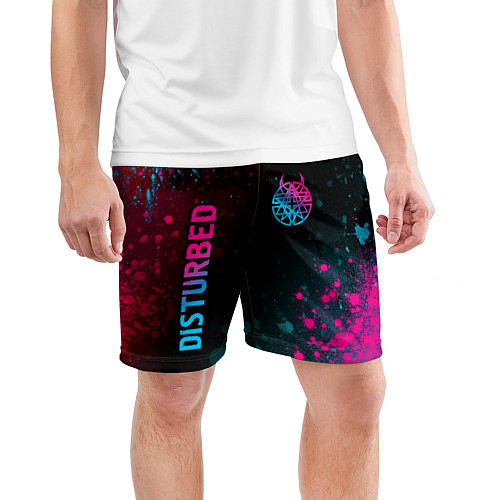 Мужские спортивные шорты Disturbed - neon gradient: символ и надпись вертик / 3D-принт – фото 3
