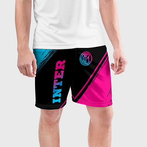 Мужские спортивные шорты Inter - neon gradient: символ и надпись вертикальн / 3D-принт – фото 3