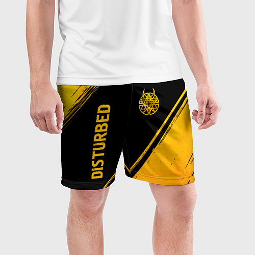 Мужские спортивные шорты Disturbed - gold gradient: символ и надпись вертик / 3D-принт – фото 3