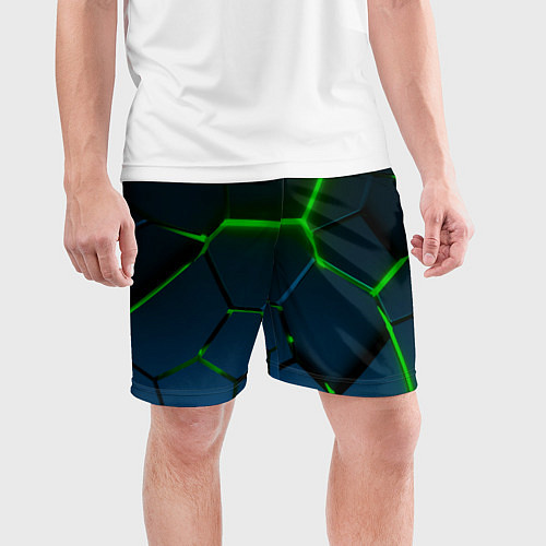 Мужские спортивные шорты Разлом зеленых неоновых плит - геометрия / 3D-принт – фото 3