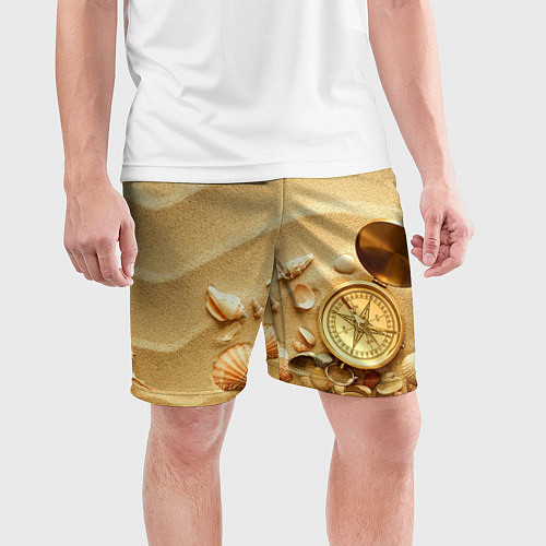 Мужские спортивные шорты Композиция из ракушек и компаса на песке / 3D-принт – фото 3