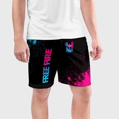 Мужские спортивные шорты Free Fire - neon gradient: символ и надпись вертик / 3D-принт – фото 3