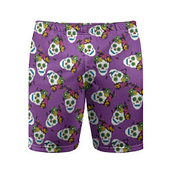 Мужские спортивные шорты Сахарные черепа на фиолетовом паттерн