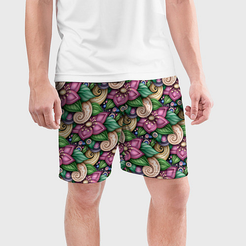 Мужские спортивные шорты Объемные цветы и листья / 3D-принт – фото 3