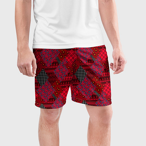 Мужские спортивные шорты Красный лоскутный узор пэчворк / 3D-принт – фото 3