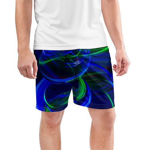 Мужские спортивные шорты Неоновые лучи и шар во тьме / 3D-принт – фото 3