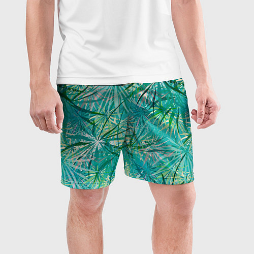 Мужские спортивные шорты Тропические листья на зеленом фоне / 3D-принт – фото 3