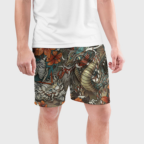 Мужские спортивные шорты Тигр и дракон мифические / 3D-принт – фото 3