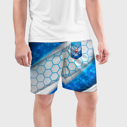 Мужские спортивные шорты Синий герб России на объемном фоне / 3D-принт – фото 3