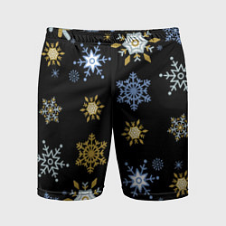 Мужские спортивные шорты Новый год снежинки на чёрном фоне