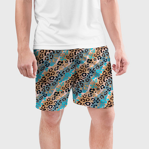 Мужские спортивные шорты Леопардовый узор на синих, бежевых диагональных по / 3D-принт – фото 3