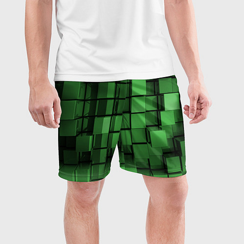 Мужские спортивные шорты Киберпанк броня - Зелёный металлические кубы / 3D-принт – фото 3