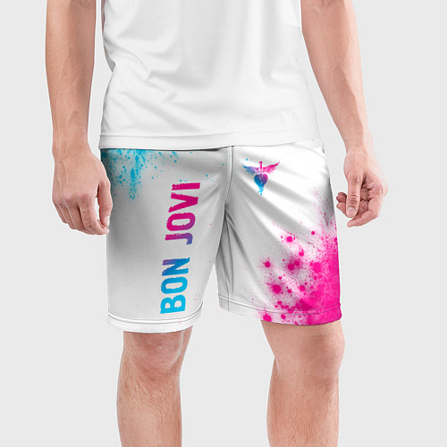 Мужские спортивные шорты Bon Jovi neon gradient style: надпись, символ / 3D-принт – фото 3