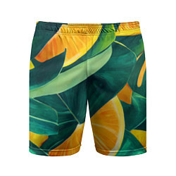 Шорты спортивные мужские Листья монстеры и дольки апельсинов, цвет: 3D-принт