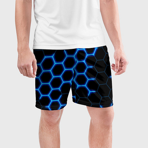 Мужские спортивные шорты Соты на синем неоновом фоне / 3D-принт – фото 3