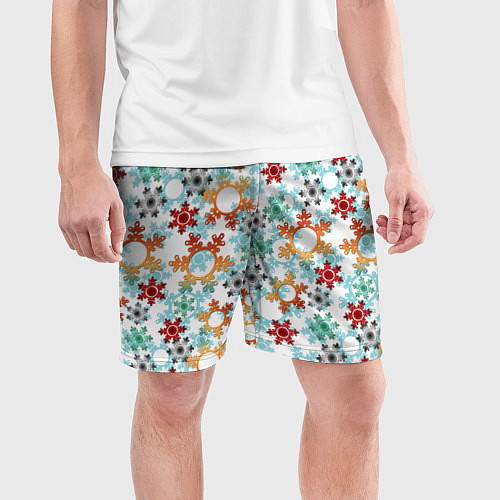 Мужские спортивные шорты Новогодний декор бумажные разноцветные снежинки / 3D-принт – фото 3