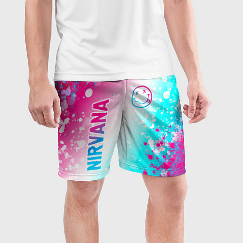 Мужские спортивные шорты Nirvana neon gradient style: надпись, символ / 3D-принт – фото 3