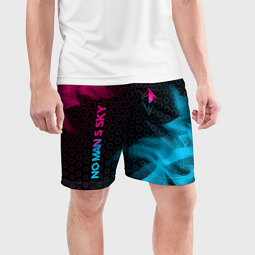 Мужские спортивные шорты No Mans Sky - neon gradient: надпись, символ / 3D-принт – фото 3