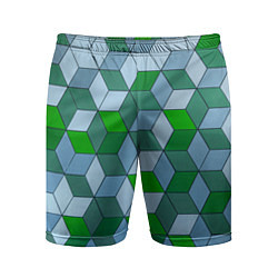 Шорты спортивные мужские Зелёные и серые абстрактные кубы с оптической иллю, цвет: 3D-принт