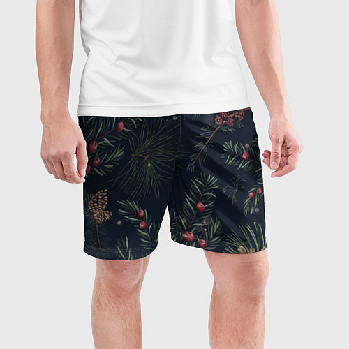 Мужские спортивные шорты Новый год ночной лес / 3D-принт – фото 3