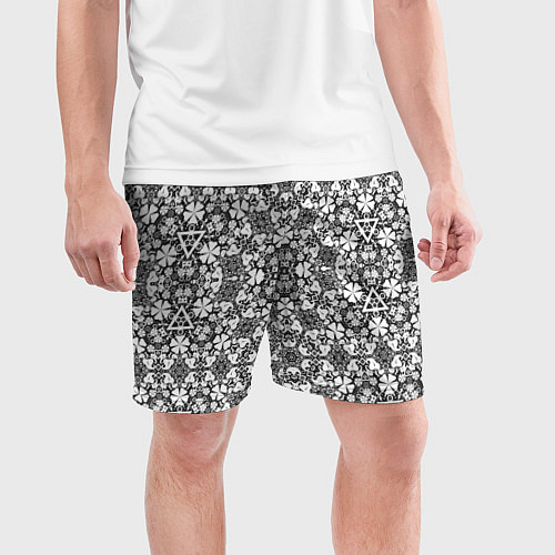 Мужские спортивные шорты Черно-белый кружевной ажурный узор Цветочное круже / 3D-принт – фото 3