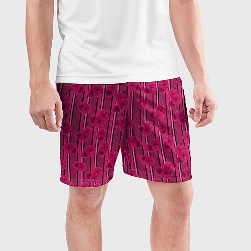 Мужские спортивные шорты Малиновый полосатый узор с цветами анемонов / 3D-принт – фото 3