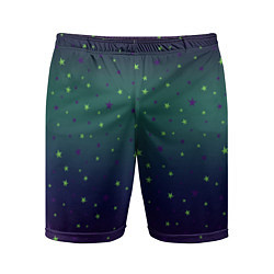 Шорты спортивные мужские Неоновые зеленые и сиреневые звезды на темно зелен, цвет: 3D-принт