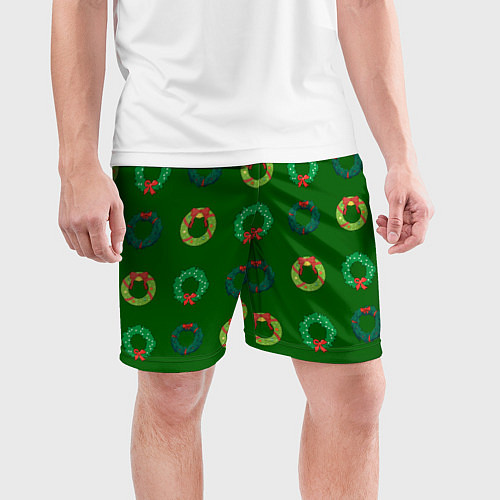 Мужские спортивные шорты Зеленые рождественские венки омелы / 3D-принт – фото 3