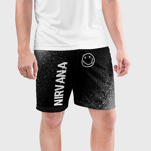 Мужские спортивные шорты Nirvana glitch на темном фоне: надпись, символ / 3D-принт – фото 3