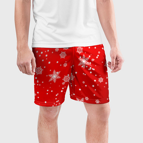 Мужские спортивные шорты Снежинки на красном фоне / 3D-принт – фото 3