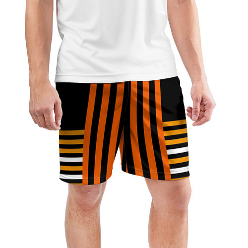 Мужские спортивные шорты Полосатый узор в красных оранжевых тонах на черном / 3D-принт – фото 3