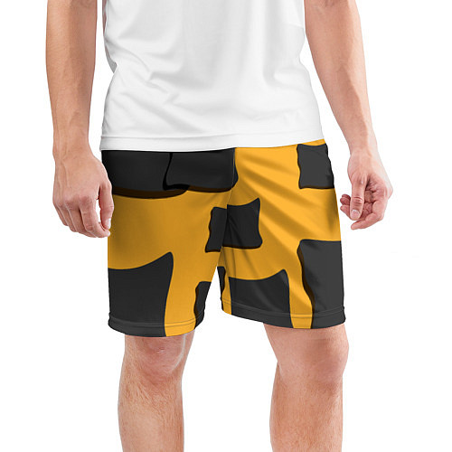 Мужские спортивные шорты Оранжевая абстракция и тёмные фигуры / 3D-принт – фото 3