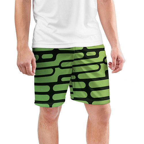 Мужские спортивные шорты Зелёный прямоугольный паттерн на чёрном фоне / 3D-принт – фото 3