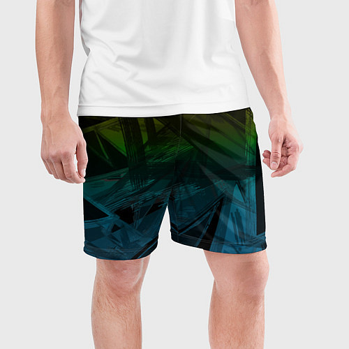 Мужские спортивные шорты Черный абстрактный узор на сине-зеленом фоне / 3D-принт – фото 3