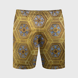 Шорты спортивные мужские Золотистый паттерн с цветами и серыми ромбами, цвет: 3D-принт