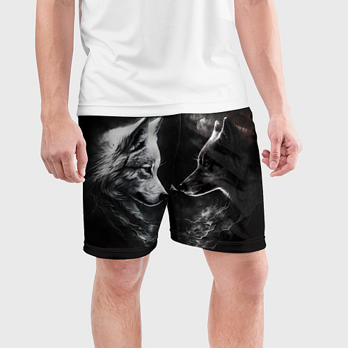 Мужские спортивные шорты Пара волков - белый и черный / 3D-принт – фото 3