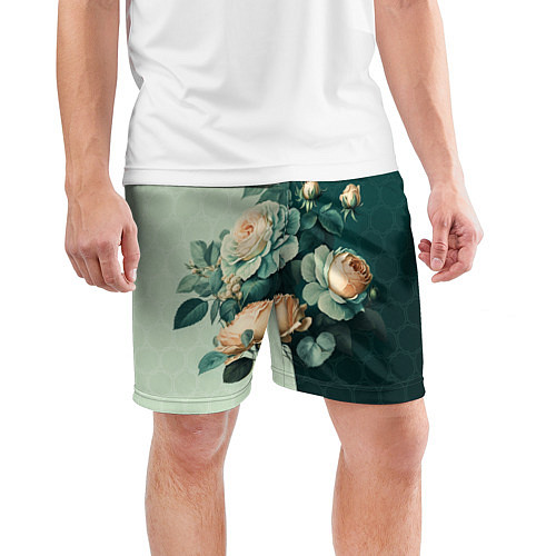 Мужские спортивные шорты Розы на зеленом фоне / 3D-принт – фото 3