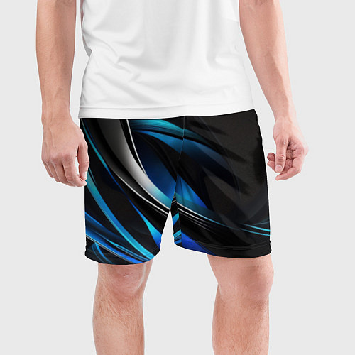 Мужские спортивные шорты Абстрактные синие и белые линии на черном фоне / 3D-принт – фото 3